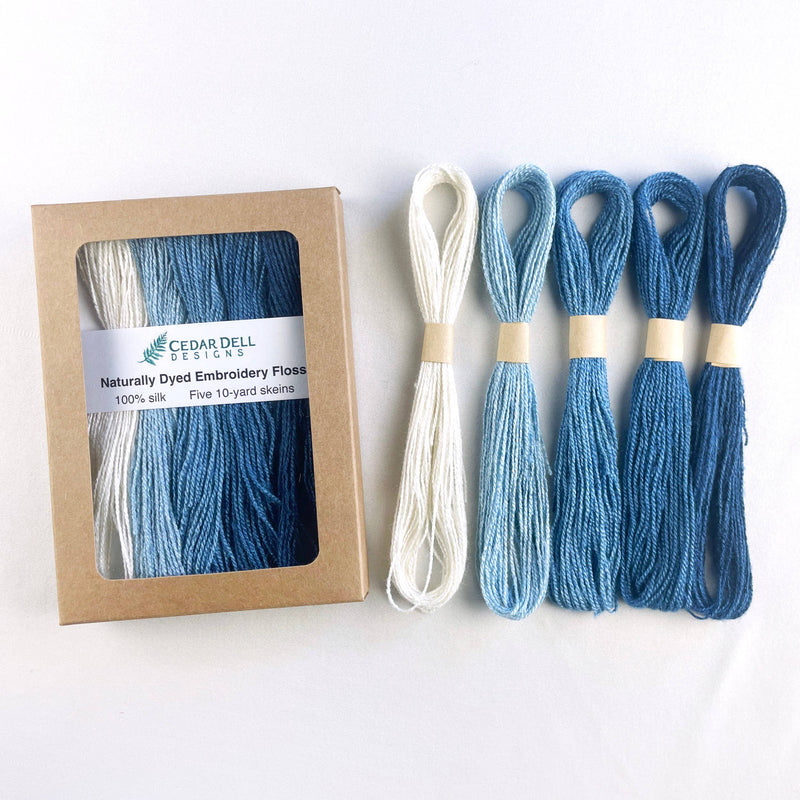 Indigo Dyed Silk Embroidery Floss - Ombre Set of Blue Thread